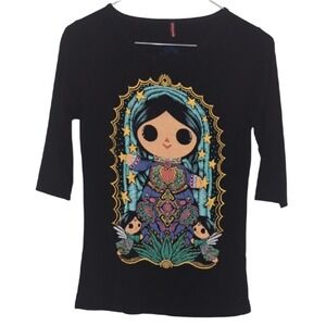 ¡Ay Guey!‎ Women's Small Black Stretch 3/4 Sleeve Saint Bright Graphic Tee Shirt
